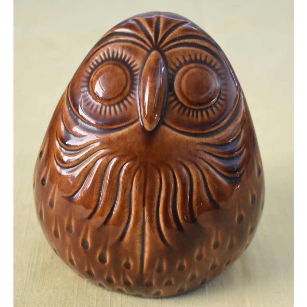 Ceramic Owl with a beautiful brown glaze Handmade 5"x4.5"